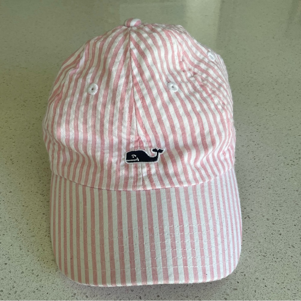 Vineyard Vines Pink & White Seersucker Whale Embroidered Adjustable Hat